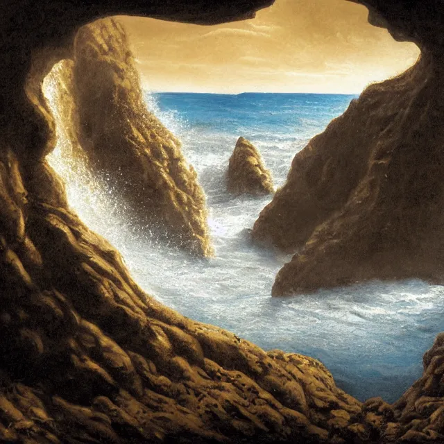 Image similar to photorealistic sepia painting of a jamaican sea cliff with the mouth of a sea cave at the waterline, dark, brooding, atmospheric, lovecraft, by dave dorman