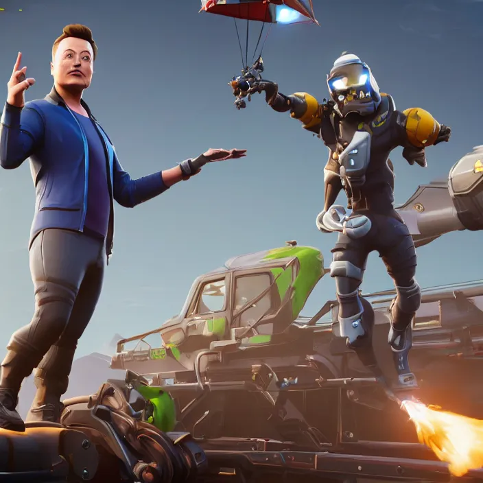 Image similar to elon musk in the video game fortnite, elon musk as a fortnite character, 3 d rendering, unreal engine, very detailed, gameplay screenshot