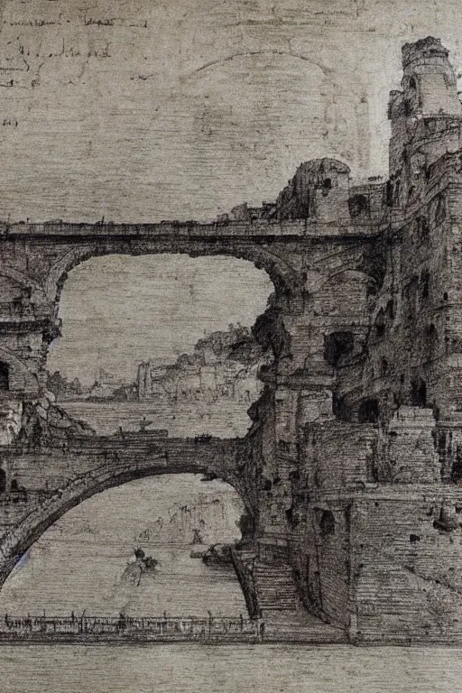 Prompt: trajan's bridge, also called bridge of apollodorus over the danube, sketch made by leonardo davinci, super detailed sketch, amazing details, ancient parchment,