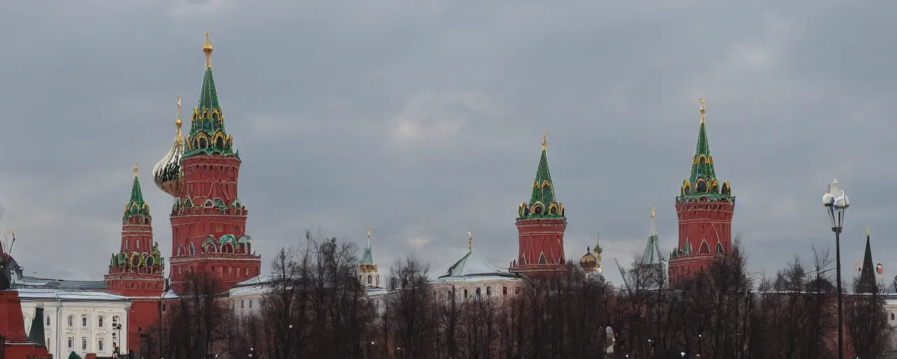 Prompt: Moscow Kremlin is on fire, people are panicking, dark atmosphere. Photography.