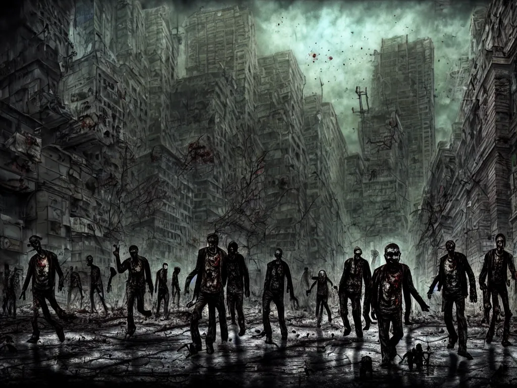 Prompt: post apocalyptic city landscape zombies roaming, very highly detailed, photography, 4 k, sharp focus, art