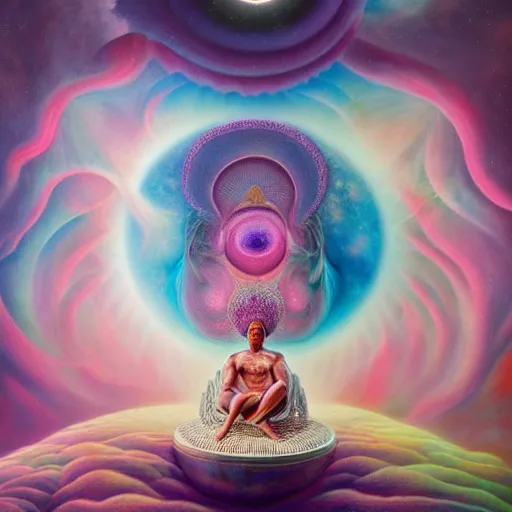 Prompt: obatala the cosmic god sitting on a throne of nebula clouds, by Adi granov and afarin sajedi and amanda sage and evgeni gordiets and Agostino Arrivabene in a psychedelic portrait style, ultrarealistic matte painting, volumetric lighting, fractal, highly detailed face, orisha, 8k, hd