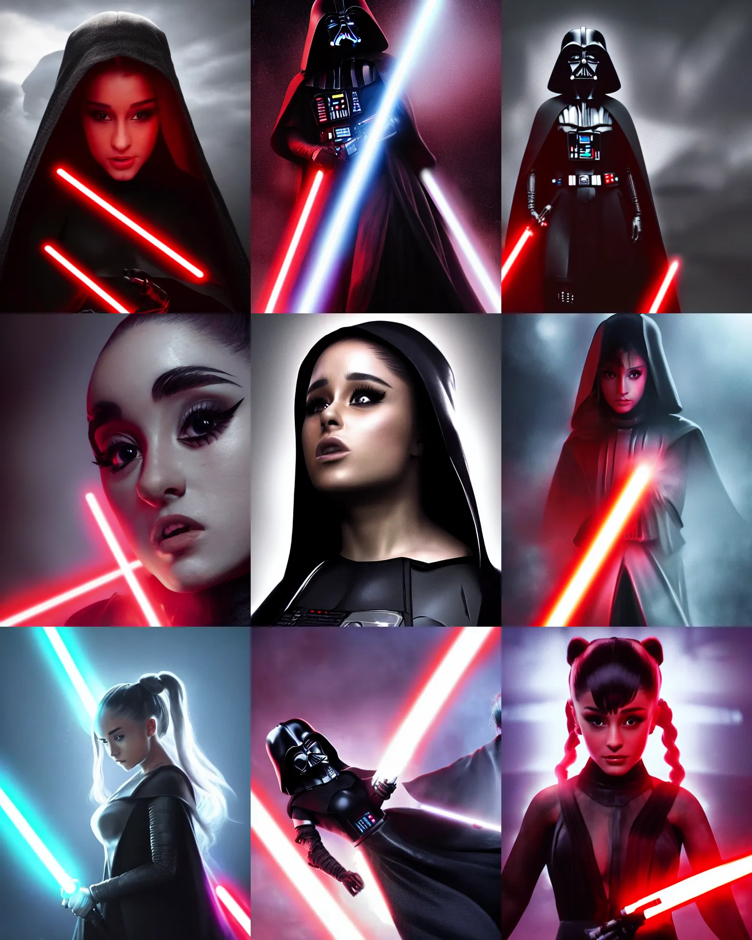 Prompt: Award winning photo of Darth Ariana Grande, Star Wars, Sith Lord. Dramatic Lighting, Cinematic Lighting, Artstation, volumetric fog, action photography, hyper-realistic, 8K resolution, 4K resolution