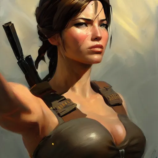 Image similar to greg manchess portrait painting of partially armored lara croft as overwatch character, close - up shot, asymmetrical, profile picture, organic painting, sunny day, matte painting, bold shapes, hard edges, street art, trending on artstation, by huang guangjian and gil elvgren and sachin teng