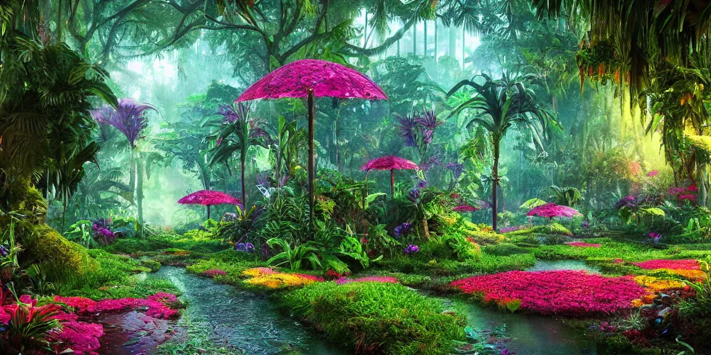 Image similar to An alien jungle, colorful flowers, pathway, reflection, rain, morning light, photorealistic, realistic, high definition, soft light, high definition, detailed, 8k, artstation