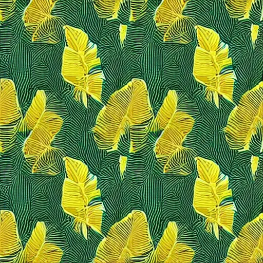 Prompt: seamless pattern of amazon forest leafs, rich colors, mostly green and yellow