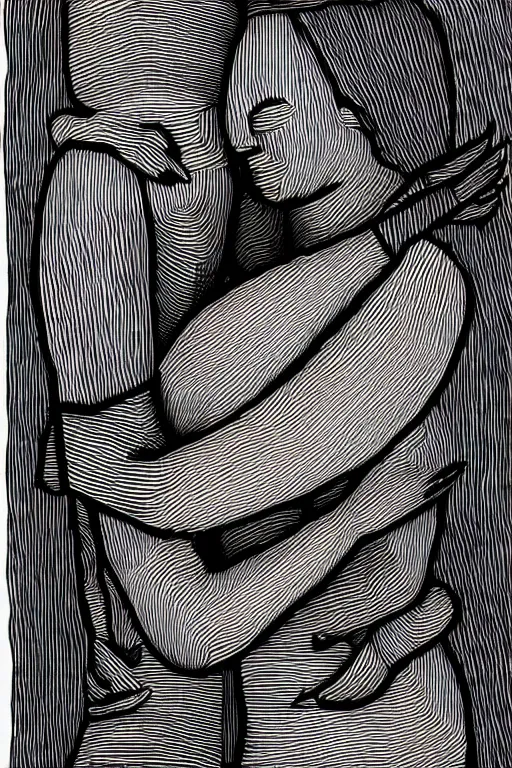 Image similar to graphic art illustration single line drawing of a hug