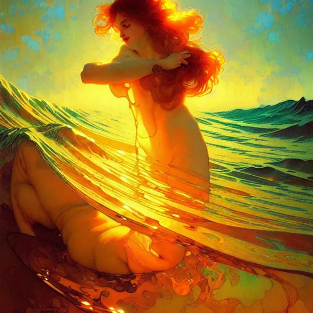 Image similar to backlit ocean waves of glossy kaleidoscopic liquid honey drops flowing like psychedelic translucent amber, lsd waves, lsd ripples, backlit, sunset, refracted lighting, art by collier, albert aublet, krenz cushart, artem demura, alphonse mucha