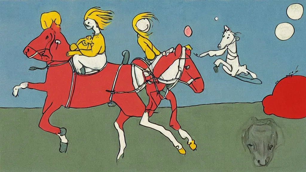 Prompt: a horse riding an astronaut, art by tove jansson