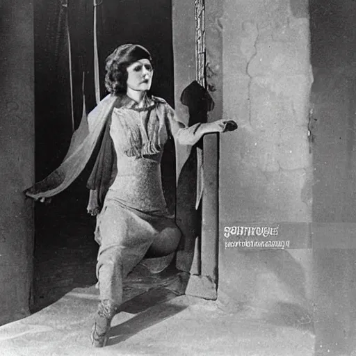 Image similar to still from old 20\'s movie Matrix (1922) actress playing Trinity