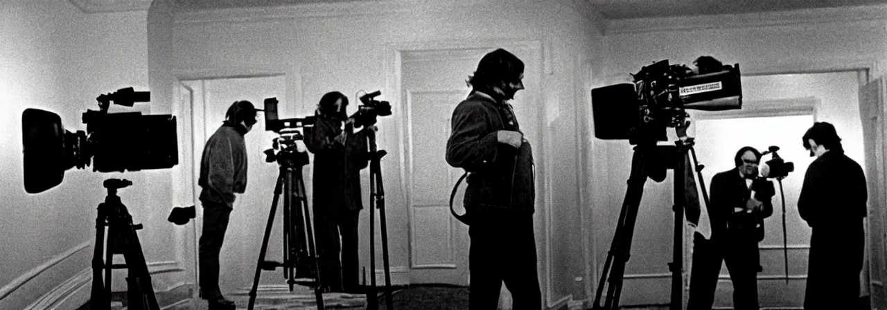 Image similar to Cinematography a behind the scenes shot from The shining movie. Hollywood. Camera crew. Kubrick. Cinema.