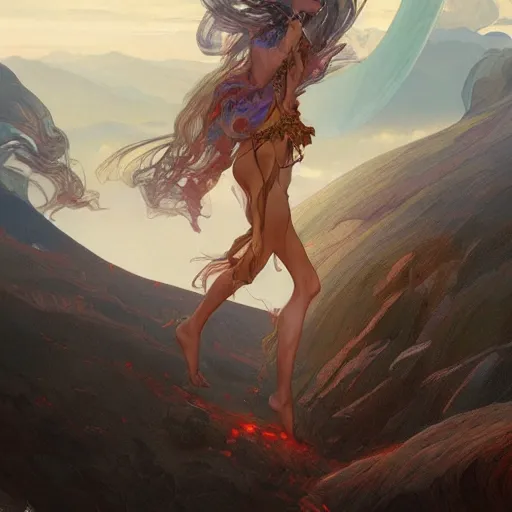 Image similar to mythical creatures, volcanos in the background, highly detailed, digital painting, artstation, concept art, sharp focus, illustration, art by artgerm and greg rutkowski and alphonse mucha,