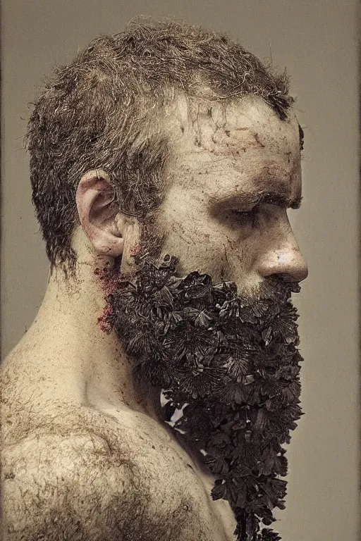 Prompt: a man's face in profile, long beard, bruises and scratches, made of flowers and fruit, in the style of the Dutch masters and Gregory Crewdson, dark and moody