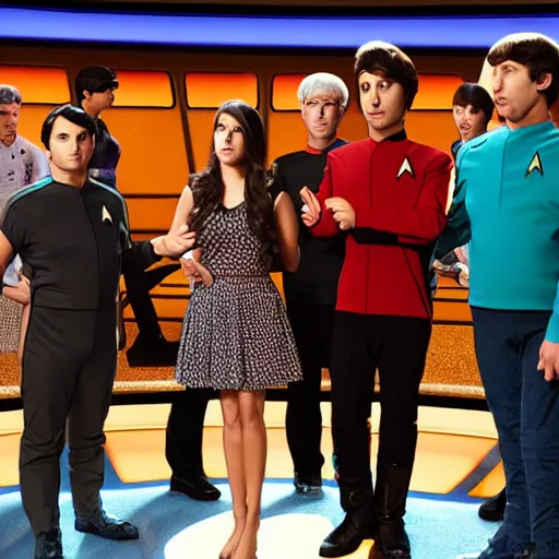 Image similar to Johnny Galecky,Bob Parsons, Kaley couco, Kunal Nayyar, Mayim Bialik,Simon Helberg,Melissa Rauch on star trek