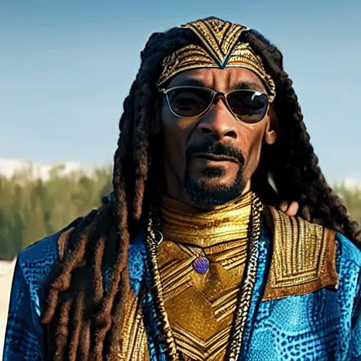 Image similar to film still of Snoop Dogg as T’Chala in the new Black Panther movie