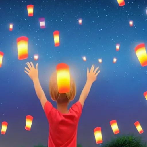 Image similar to a little girl watching hundreds of chinese sky lanterns flying in the night sky over a sci-fi city, Pixar style