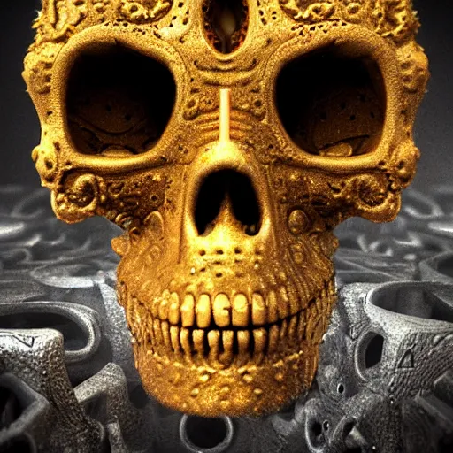 Image similar to fractal golden skull face, afro, third eye art art by machina infinitum, infinite intricacy, rendered in octane, mandelbulb 3 d, ambient occlusion, macro photography