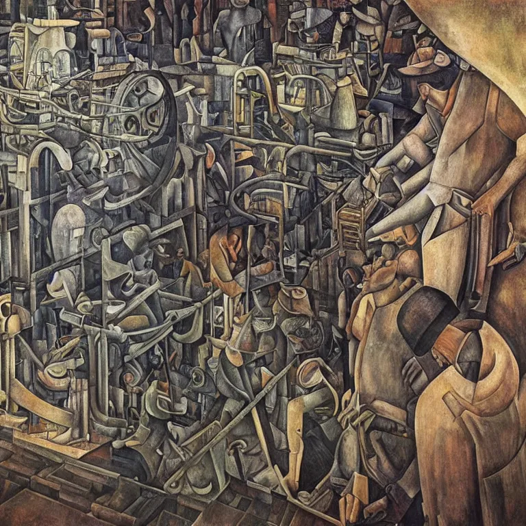 Prompt: time machine, diego rivera and georg scholz highly detailed