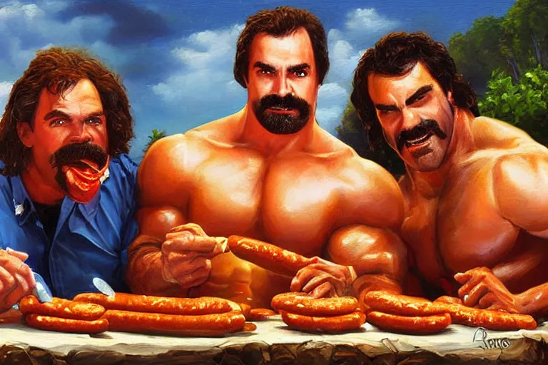 Image similar to portrait of wwf rick rude and wwf jake roberts sharing hotdogs, an oil painting by ross tran and thomas kincade