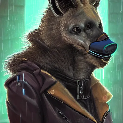 Image similar to digital painting of anthromorphic hyena female smoking cigarrete, fursona, furry fandom, furaffinity, neon rainy cyberpunk setting, anthro, wearing cyberpunk leather jacket, detailed face, blade runner, zootopia style,