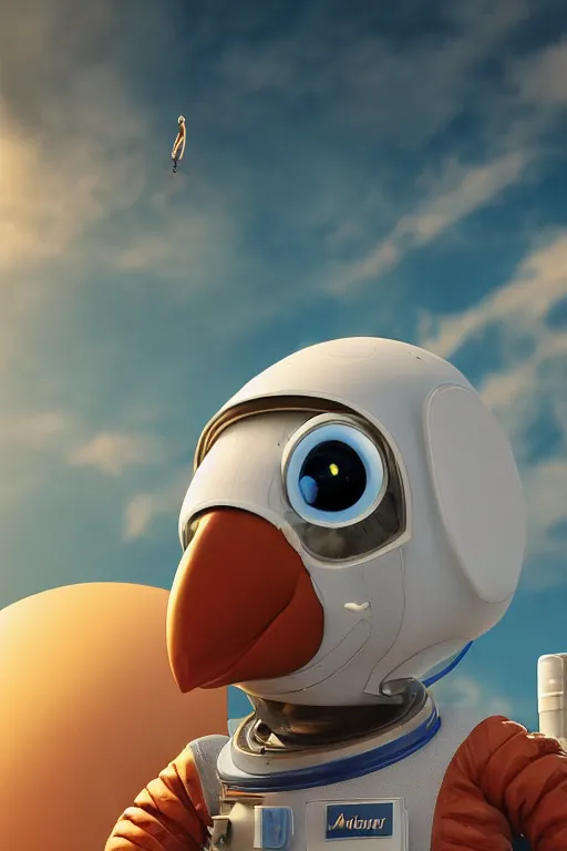 Image similar to a lonely chicken wearing a space suit without helmet in a alien planet, profile picture, digital art, concept art, trending on DeviantArt, highly detailed, high quality, 4K, cartoon, high coherence, path traced, blue sky in the background, octane render, digital painting, no helmet, masterpiece, anatomically correct, hyperrealistic