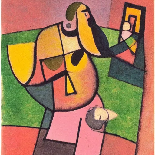 Prompt: paul klee painting of beard grandpa taking a photo to a baby girl