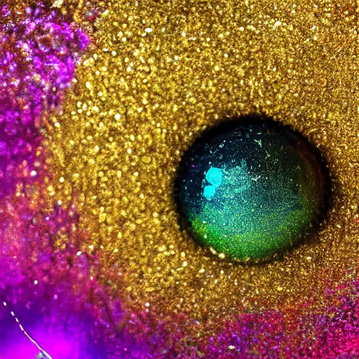 Image similar to a wet swirling mixture of gold paint and very colorful colored pigment particles glitter suspended in a turbulent liquid, captured in slow motion, crystal clear focus, macro photography lens closeup, slow-motion pour, dumpedpaint glittery, shimmering, speculars