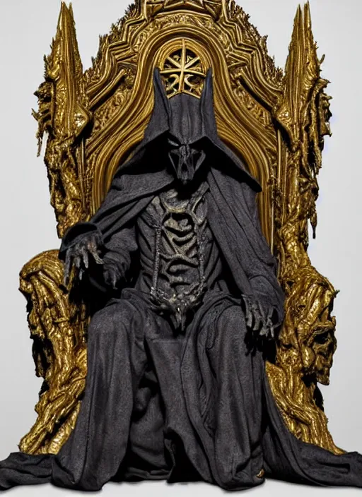 Image similar to photo taken of an epic intricate, ultra detailed, super realistic sculpture of a hooded satanic figure sitting on a nightmarish throne, sculpture on display, created by weta workshop, photorealistic, sharp focus, f 0. 4, face centred, golden ratio