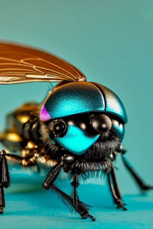 Image similar to high quality macro robot metallic tachinid fly! gorgeous highly detailed hannah yata elson peter cinematic turquoise lighting high quality low angle hd 8k sharp shallow depth of field