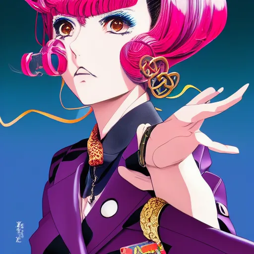 Image similar to Magazine Cover Anime key visual of a Gucci girl; official media; typography; drawn by Hirohiko Araki; Jojo's Bizarre Adventure; Jojolion, portrait, made by Stanley Artgerm Lau, WLOP, Rossdraws, James Jean, Andrei Riabovitchev, Marc Simonetti, Yoshitaka Amano, ArtStation