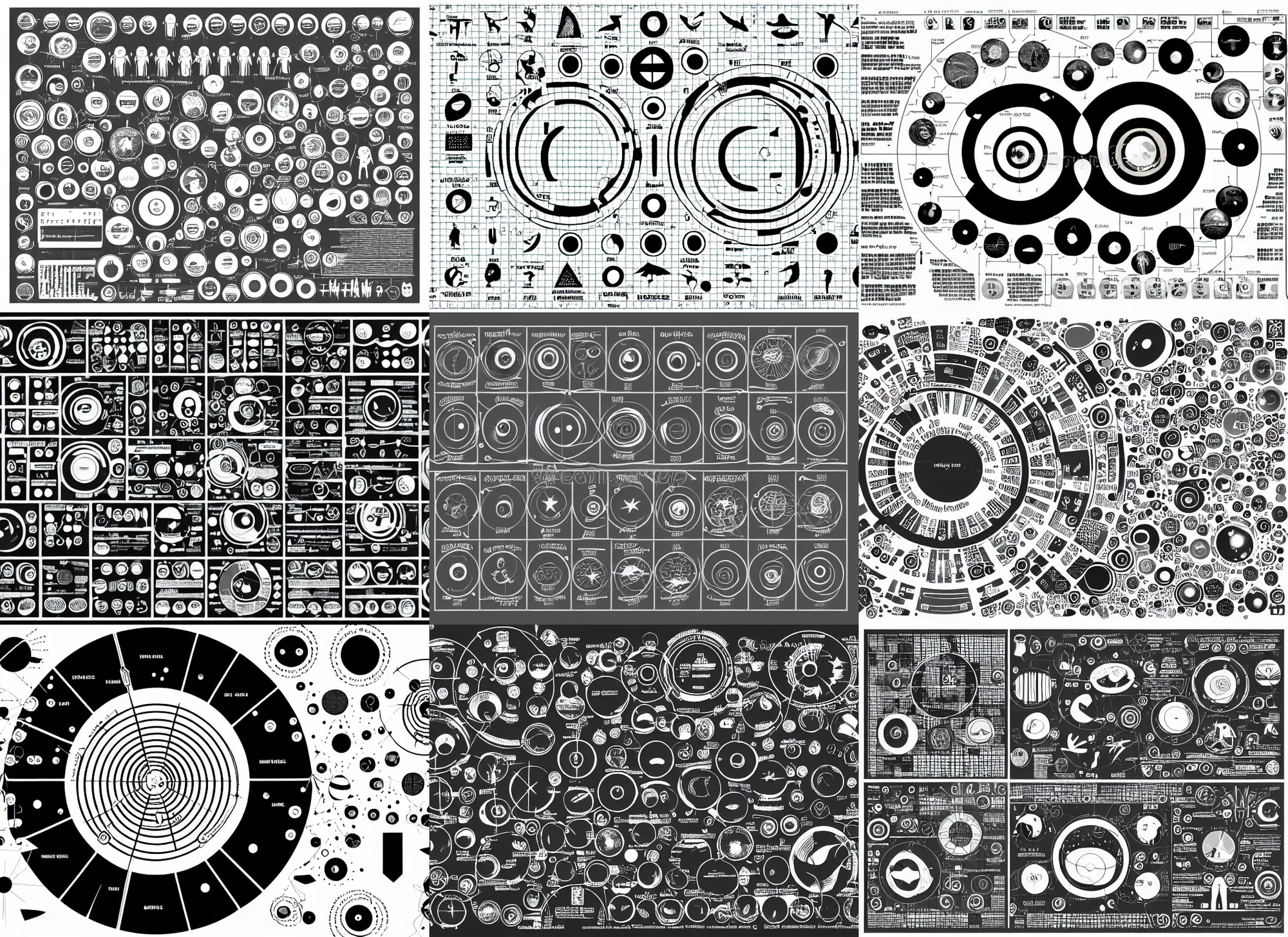 Prompt: circular diagram alien chart to understand life on earth, by bauhaus, technical code, sprite sheet, b & w, vector