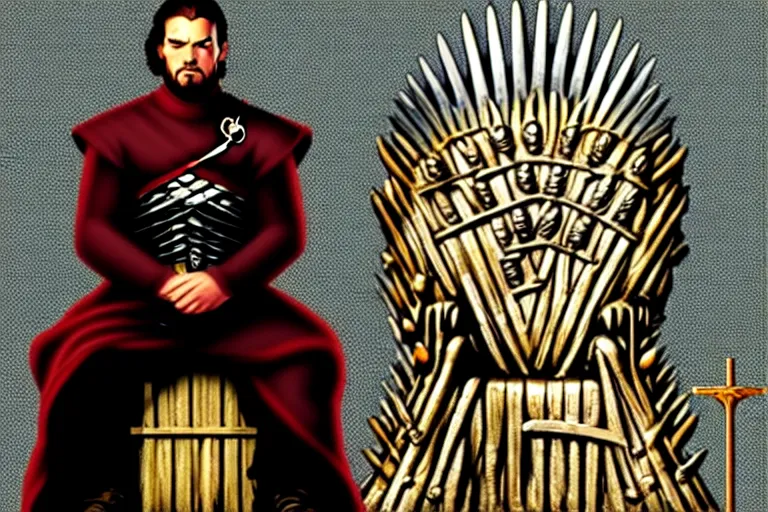 Image similar to man sitting, on a throne made of money, in the style of alex ross, game of thrones