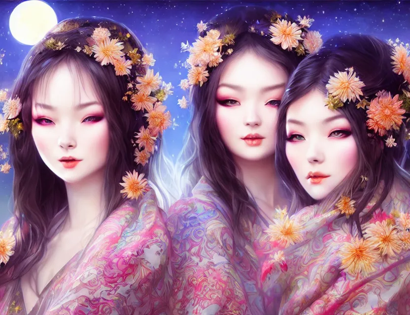 Image similar to two beautiful alluring siberian girls wear fantasy kimono in festival | | sunny night, full moon, dreamlike art, realistic shaded, smile, good looking, hyper details, 4 k realistic, cryengine, realistic shaded lighting poster by artgerm, ross tran, fuji choko, 8 k resolution, trending on artstation, luxury