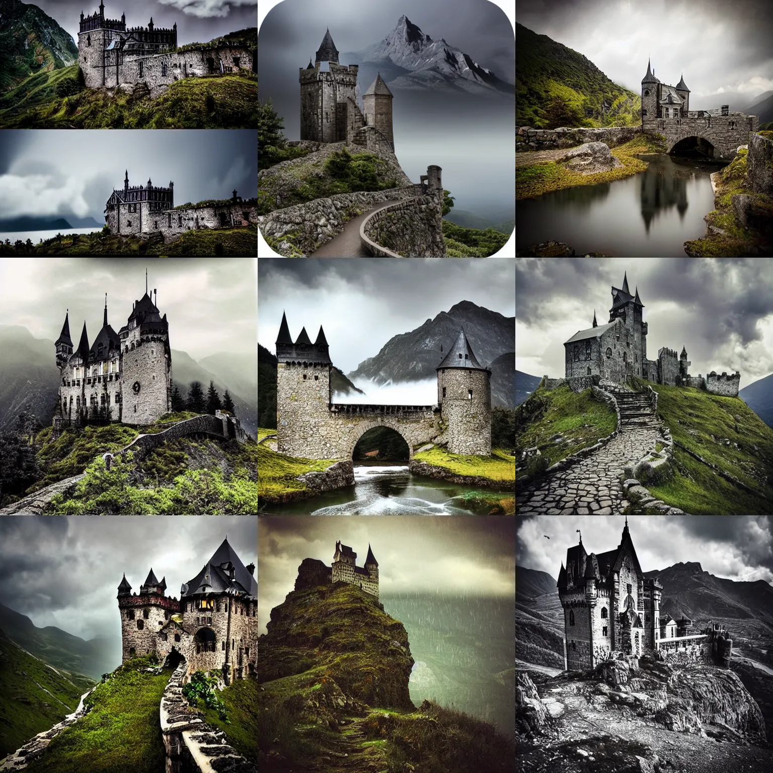 Prompt: “dslr photograph, realistic, gothic castle on mountain top, with stone bridge leading to a mountain pass, stormy weather”