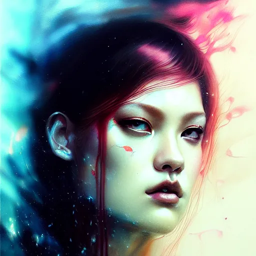 Image similar to rose of blackpink, hyperrealistic portrait, bladerunner street, by karol bak and agnes cecile, fantasy art, photo realistic, dynamic lighting, artstation, poster, volumetric lighting, very detailed face, intricate complexity, rule of thirds, 8 k, award winning