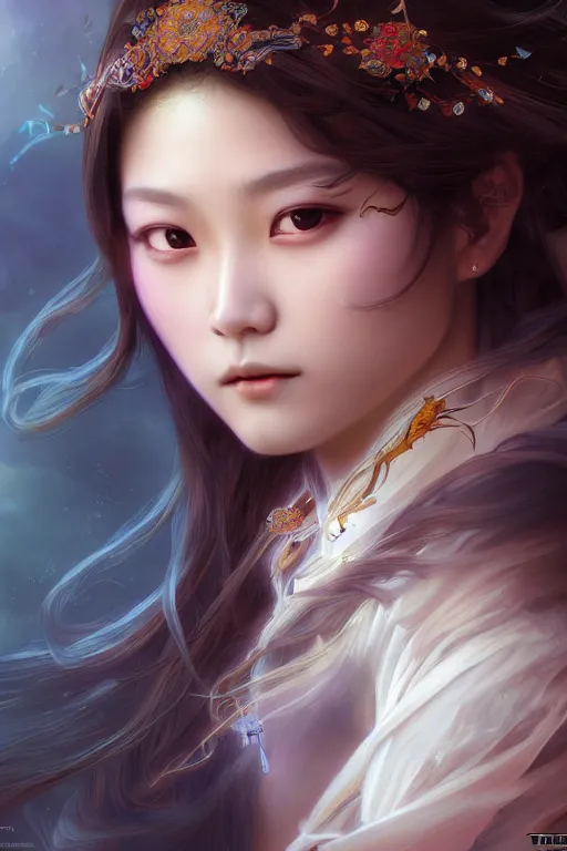 Image similar to beautiful and holy and divine young heroine portrait like twice tzuyu+smoky eyes+front face with light flowing hair, ultradetail face, art and illustration by tian zi and craig mullins and WLOP and alphonse mucha, fantasy, intricate complexity, human structure, human anatomy, fantasy character concept, watermark, blurry, hyperrealism 8k