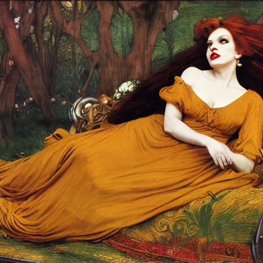 Prompt: hybrid of judy garland and lady gaga, brown fringe, large features, very large big downslanted eyes, large full lips, reclining on flowing bed cool stylish, yellow ochre ornate medieval dress, john william waterhouse, kilian eng, rosetti, john everett millais, william holman hunt, william morris, 4 k