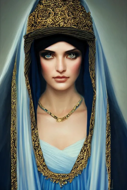 Prompt: arab Ameera al-Taweel, bright blue eyes, black hair, simple white veil, closeup, focus face, elegant, highly detailed, centered, oil painting, artstation, concept art by tom bagshaw