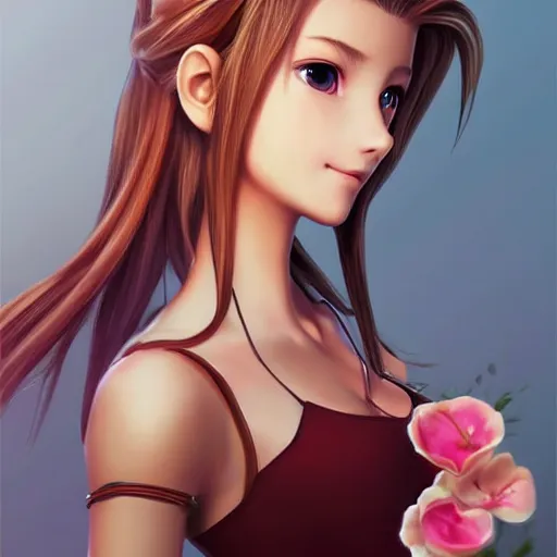 Prompt: very beautiful aerith from final fantasy, smiling, flirty, eye contact, perfect face, perfect body, drawn by artgerm