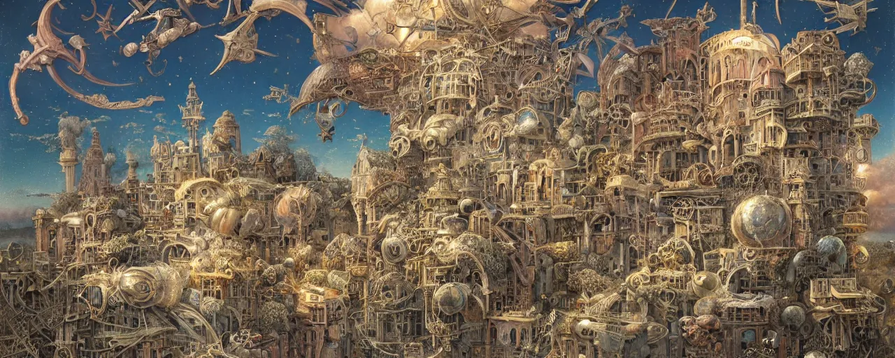 Image similar to pastel colours, guido borelli da caluso, richard dadd, smooth paper with detailed line work, Mandelbulb, Exquisite detail perfect symmetrical, silver details, hyper detailed, bold intricate ink illustration, smooth textures, steampunk, smoke, neon lights, starry sky, steampunk city, liquid polished metal, by jesper ejsing