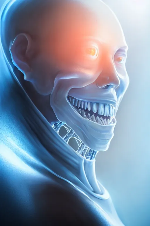 Image similar to hyperrealistic close-up translucent gothic exoskeleton!! smiling chinese man covered highly detailed concept art eric zener elson peter cinematic side soft blue light high angle hd 8k sharp shallow depth of field