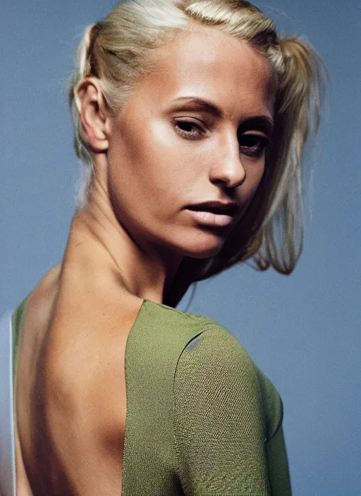 Prompt: photograph of an olive skinned blonde female in her late twenties, her hair pinned up, wearing a designer top, looking content, focused on her neck, photographer annie leibovitz