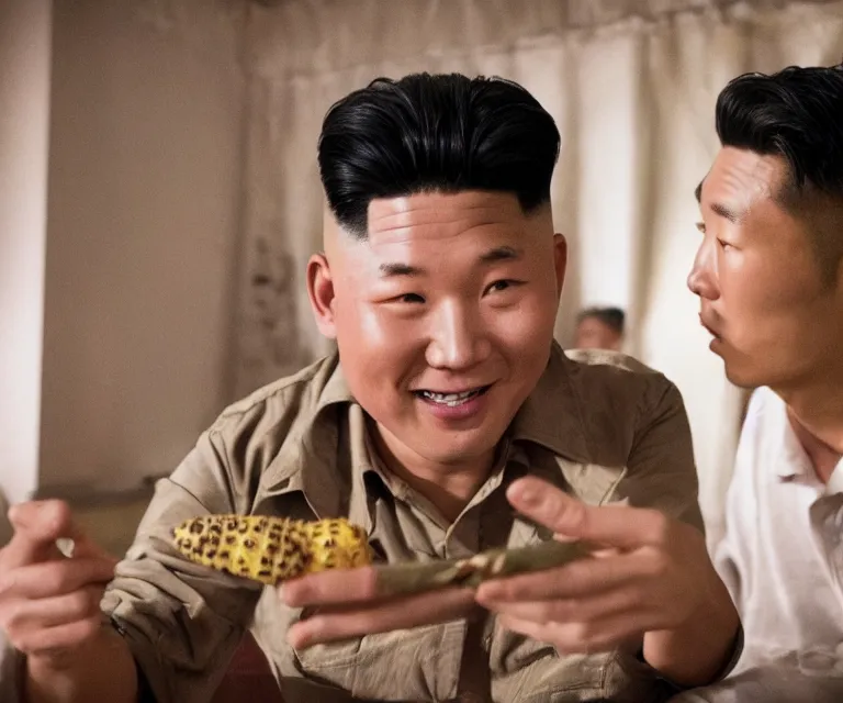 Image similar to hyperralism pineapple express movie still photography of real detailed north korean kim chen with detailed face smoking detailed weed in detailed basement bedroom