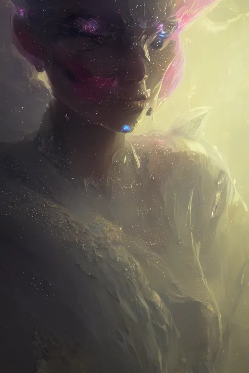 Image similar to A fancy portrait of a crystalized creature by Greg Rutkowski, beeple, Sung Choi, Mitchell Mohrhauser, Maciej Kuciara, Johnson Ting, Maxim Verehin, Peter Konig, final fantasy, 8k photorealistic, cinematic lighting, HD, high details, dramatic, dark atmosphere, trending on artstation