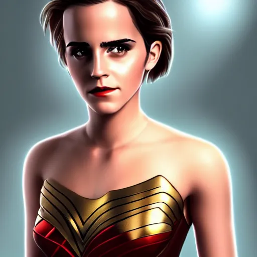 Image similar to full body portrait concept art of emma watson as wonder women, art station, trending, illustration, digital art, hero art, deviant art, hd, 8 k, unreal engine 5 render