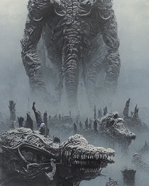 Image similar to group of scientists around giant dead kaiju, retrofuturism sci - fi old movie, highly detailed, photorealistic, 8 k, by beksinski and stalenhag