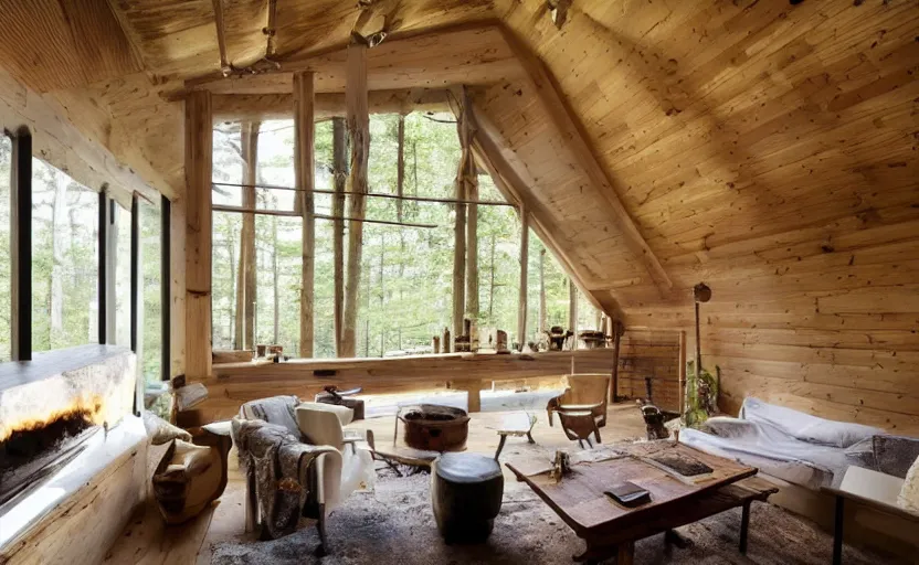 Image similar to rustic modernist cabin living room, large window with a view of a forest, white walls, oak wood timberwork, feng shui, fire place, bohemian, german style, cozy, swedish design