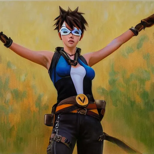 Image similar to oil painting of tracer overwatch in a field wearing very large black leather belt choker collar around neck, in style of mark arian, expressive face, very detailed face, very detailed eyes, belt around neck, full body, feminine face, tracer overwatch,