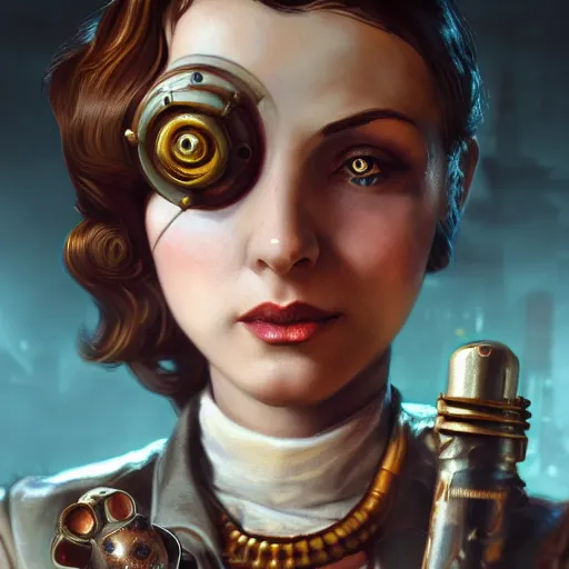 Prompt: Bioshock steampunk portrait, au naturel, hyper detailed, digital art, trending in artstation, cinematic lighting, studio quality, smooth render, unreal engine 5 rendered, octane rendered, art style by klimt and nixeu and ian sprigger and wlop and krenz cushart