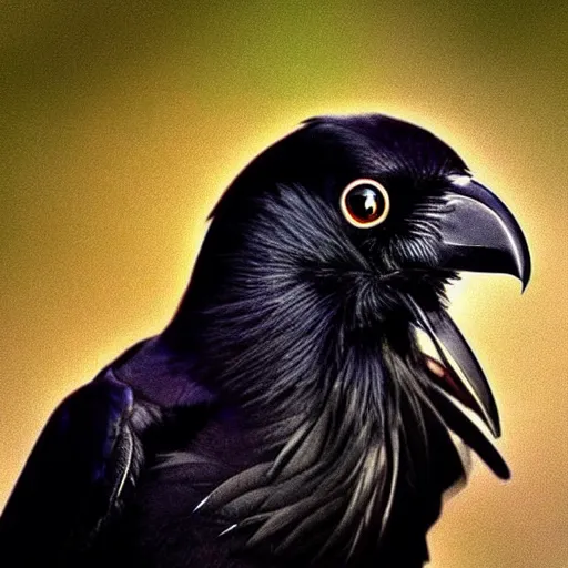 Image similar to “a raven looks at the camera. full of personality and charisma. Striking features and pose.”